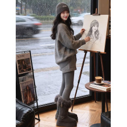 韓系慵嬾風軟糯簡約長袖針織衫女超好看的高腰休閒顯瘦短褲兩件套