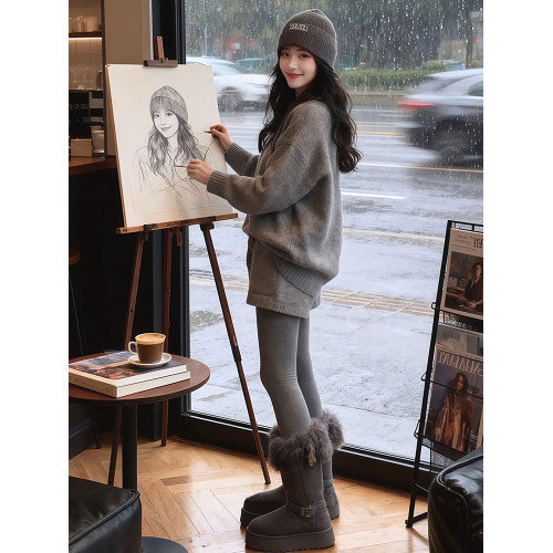 韓系慵嬾風軟糯簡約長袖針織衫女超好看的高腰休閒顯瘦短褲兩件套