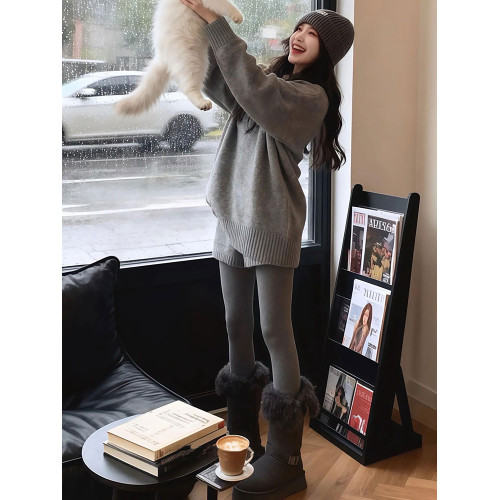 韓系慵嬾風軟糯簡約長袖針織衫女超好看的高腰休閒顯瘦短褲兩件套