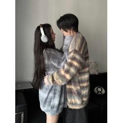 秋冬季條紋針織衫男美式復古慵懶風情侶裝軟糯馬海毛毛衣開衫外套