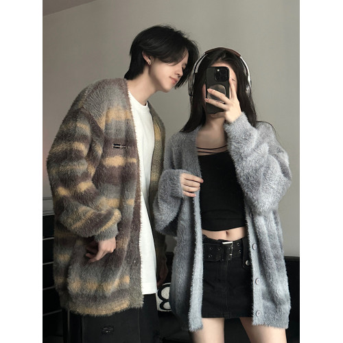 秋冬季條紋針織衫男美式復古慵懶風情侶裝軟糯馬海毛毛衣開衫外套