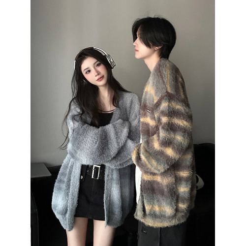 秋冬季條紋針織衫男美式復古慵懶風情侶裝軟糯馬海毛毛衣開衫外套