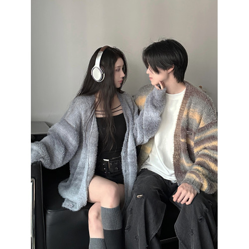 秋冬季條紋針織衫男美式復古慵懶風情侶裝軟糯馬海毛毛衣開衫外套