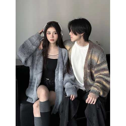 秋冬季條紋針織衫男美式復古慵懶風情侶裝軟糯馬海毛毛衣開衫外套