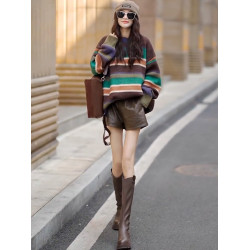 復古撞色條紋針織衫女2025秋季新款慵嬾風寬鬆百搭顯瘦中長款毛衣