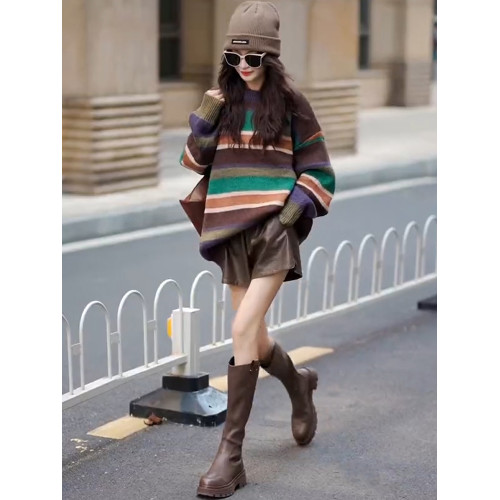 復古撞色條紋針織衫女2025秋季新款慵嬾風寬鬆百搭顯瘦中長款毛衣