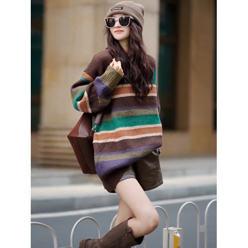 復古撞色條紋針織衫女2025秋季新款慵嬾風寬鬆百搭顯瘦中長款毛衣