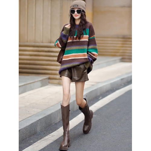 復古撞色條紋針織衫女2025秋季新款慵嬾風寬鬆百搭顯瘦中長款毛衣