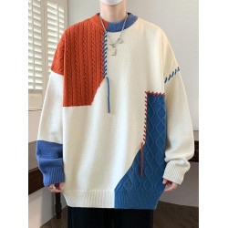 大碼300斤拼接撞色毛衣男冬季美式休閒個性設計感針織衫男青少年2
