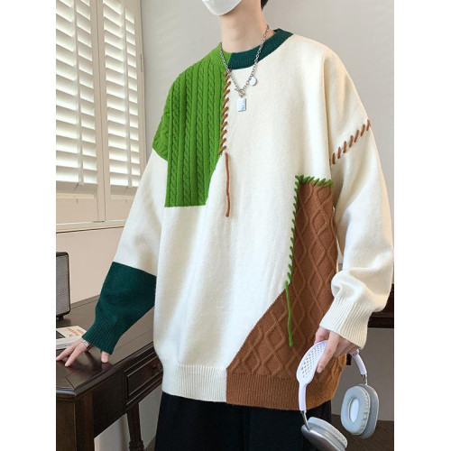 大碼300斤拼接撞色毛衣男冬季美式休閒個性設計感針織衫男青少年2