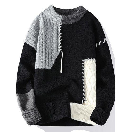大碼300斤拼接撞色毛衣男冬季美式休閒個性設計感針織衫男青少年2