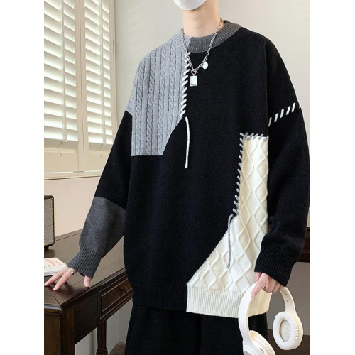 大碼300斤拼接撞色毛衣男冬季美式休閒個性設計感針織衫男青少年2