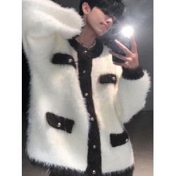 美式潮流慵懶小香風加厚水貂毛開衫毛衣外套男女超保暖秋冬上衣潮