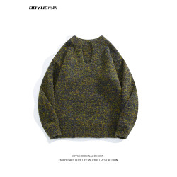 BOYUE帛躍冬季復古百搭慵懶苔蘚綠毛衣落肩V領個性休閒男女針織衫