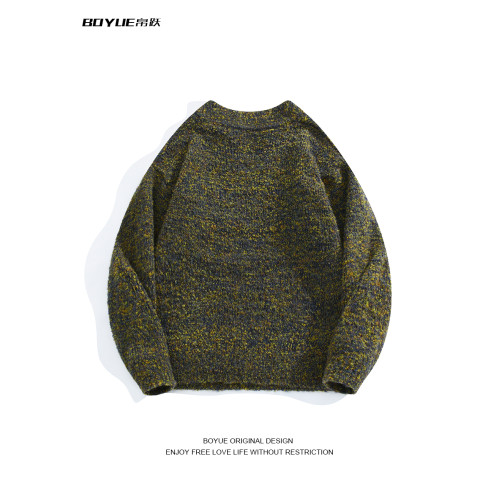 BOYUE帛躍冬季復古百搭慵懶苔蘚綠毛衣落肩V領個性休閒男女針織衫