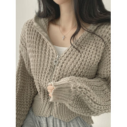 秋冬女裝批新款髮chic百搭慵懶連帽拉鍊短款寬松針織開衫毛衣外套