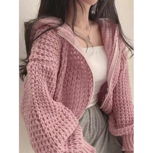 秋冬女裝批新款髮chic百搭慵懶連帽拉鍊短款寬松針織開衫毛衣外套