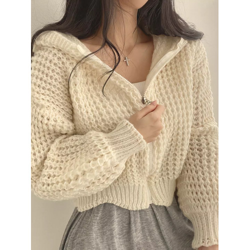 秋冬女裝批新款髮chic百搭慵懶連帽拉鍊短款寬松針織開衫毛衣外套