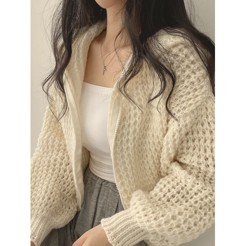 秋冬女裝批新款髮chic百搭慵懶連帽拉鍊短款寬松針織開衫毛衣外套