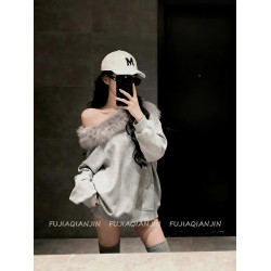 美式斜肩毛毛領寬鬆衛衣女春季韓版慵懶風休閒上衣外套趙露思同款