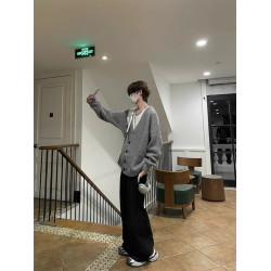 針織開衫外套男春秋美式男裝v領毛衣灰色慵懶風男生上衣韓系風格