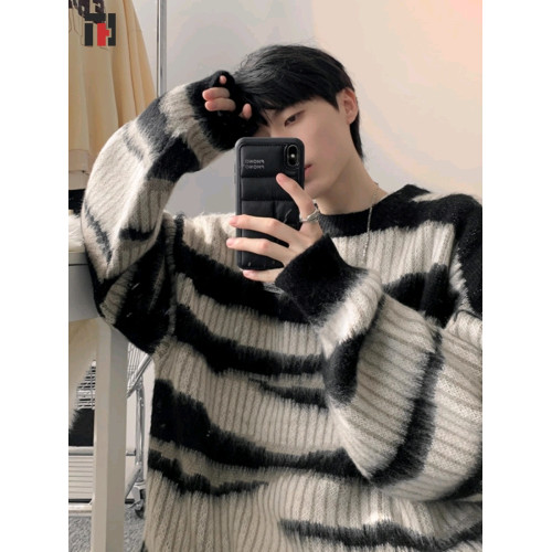 美式復古馬海毛條紋毛衣男士秋冬季新款情寬松情侶oversize針織衫