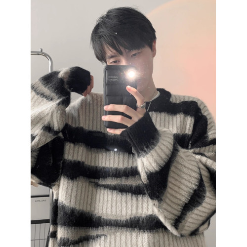 美式復古馬海毛條紋毛衣男士秋冬季新款情寬松情侶oversize針織衫