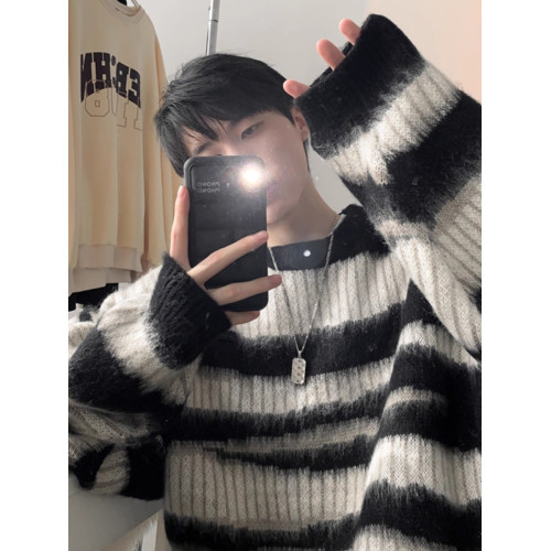 美式復古馬海毛條紋毛衣男士秋冬季新款情寬松情侶oversize針織衫