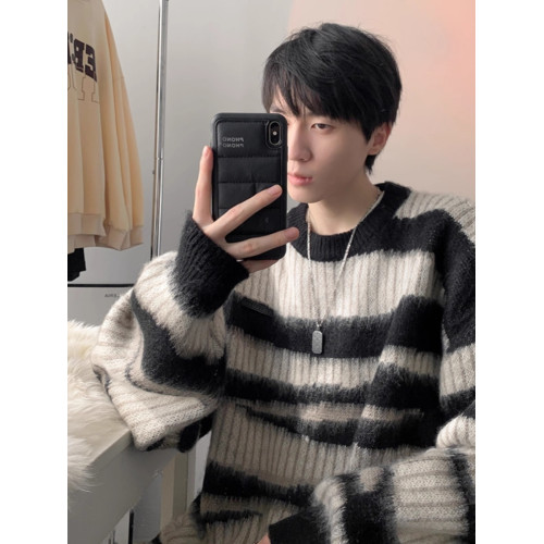 美式復古馬海毛條紋毛衣男士秋冬季新款情寬松情侶oversize針織衫