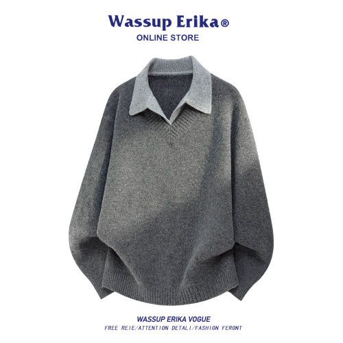 WASSUP ERIKA日系簡約翻領假兩件毛衣男秋冬新款休閒百搭針織衫女 WASSUP ERIKA日系簡約翻領假兩件毛衣男秋冬新款休閒百搭針織衫女