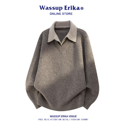 WASSUP ERIKA日系簡約翻領假兩件毛衣男秋冬新款休閒百搭針織衫女 WASSUP ERIKA日系簡約翻領假兩件毛衣男秋冬新款休閒百搭針織衫女