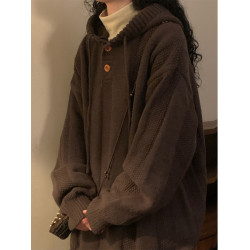 Naga自製日系復古學院風純色加厚連帽套頭針織衫休閒百搭男女毛衣