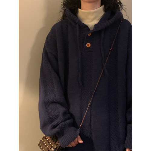 Naga自製日系復古學院風純色加厚連帽套頭針織衫休閒百搭男女毛衣