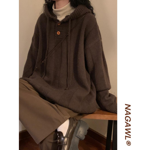 Naga自製日系復古學院風純色加厚連帽套頭針織衫休閒百搭男女毛衣