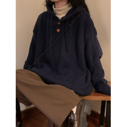 Naga自製日系復古學院風純色加厚連帽套頭針織衫休閒百搭男女毛衣