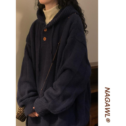 Naga自製日系復古學院風純色加厚連帽套頭針織衫休閒百搭男女毛衣