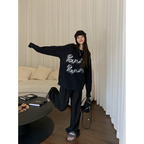 黑色圓領套頭毛衣女款2025新款冬季加厚軟糯寬鬆韓系慵懶針織上衣