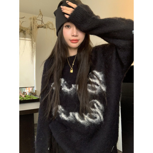 黑色圓領套頭毛衣女款2025新款冬季加厚軟糯寬鬆韓系慵懶針織上衣