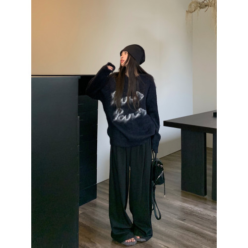 黑色圓領套頭毛衣女款2025新款冬季加厚軟糯寬鬆韓系慵懶針織上衣