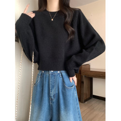 圓領套頭軟糯毛衣女打底衫秋冬季新款寬鬆顯瘦長袖短款針織衫上衣