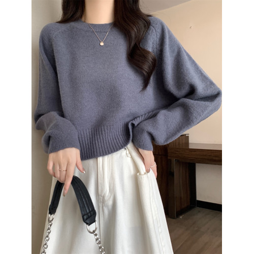 圓領套頭軟糯毛衣女打底衫秋冬季新款寬鬆顯瘦長袖短款針織衫上衣