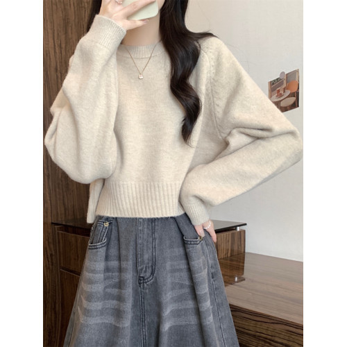 圓領套頭軟糯毛衣女打底衫秋冬季新款寬鬆顯瘦長袖短款針織衫上衣