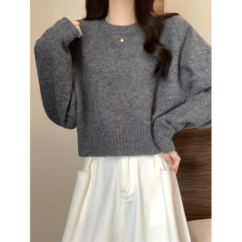 圓領套頭軟糯毛衣女打底衫秋冬季新款寬鬆顯瘦長袖短款針織衫上衣