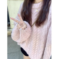 加厚版！高級感圓領套頭麻花毛衣女秋冬寬松復古燈籠袖針織慵懶風