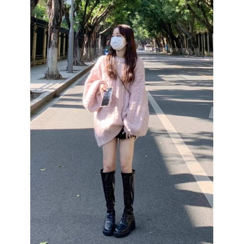 加厚版！高級感圓領套頭麻花毛衣女秋冬寬松復古燈籠袖針織慵懶風