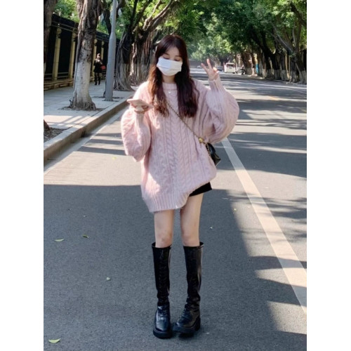 加厚版！高級感圓領套頭麻花毛衣女秋冬寬松復古燈籠袖針織慵懶風