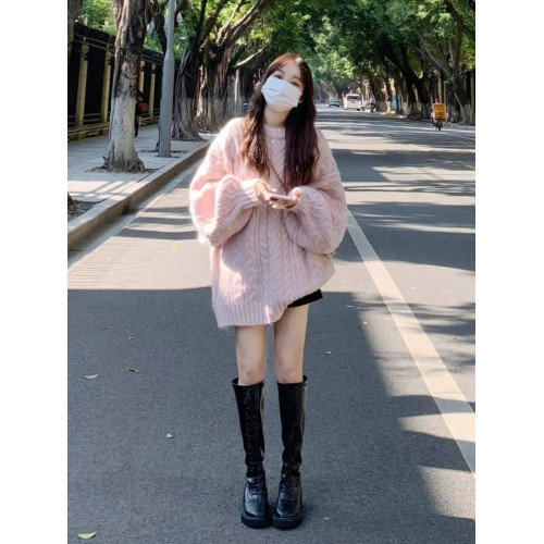 加厚版！高級感圓領套頭麻花毛衣女秋冬寬松復古燈籠袖針織慵懶風