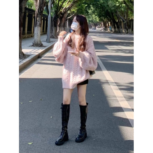 加厚版！高級感圓領套頭麻花毛衣女秋冬寬松復古燈籠袖針織慵懶風