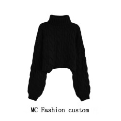 品牌折釦高領套頭短款麻花毛衣女秋冬新款慵嬾風寬鬆加厚針織外穿