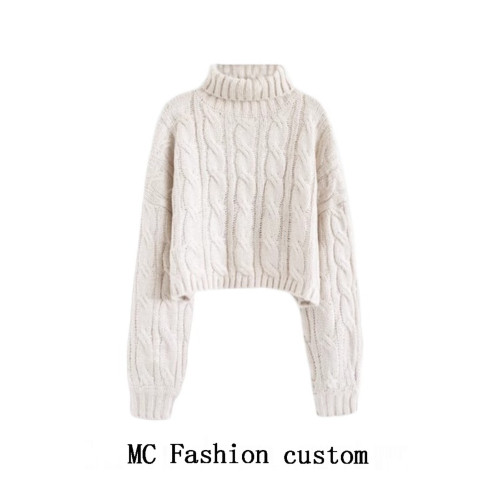 品牌折釦高領套頭短款麻花毛衣女秋冬新款慵嬾風寬鬆加厚針織外穿